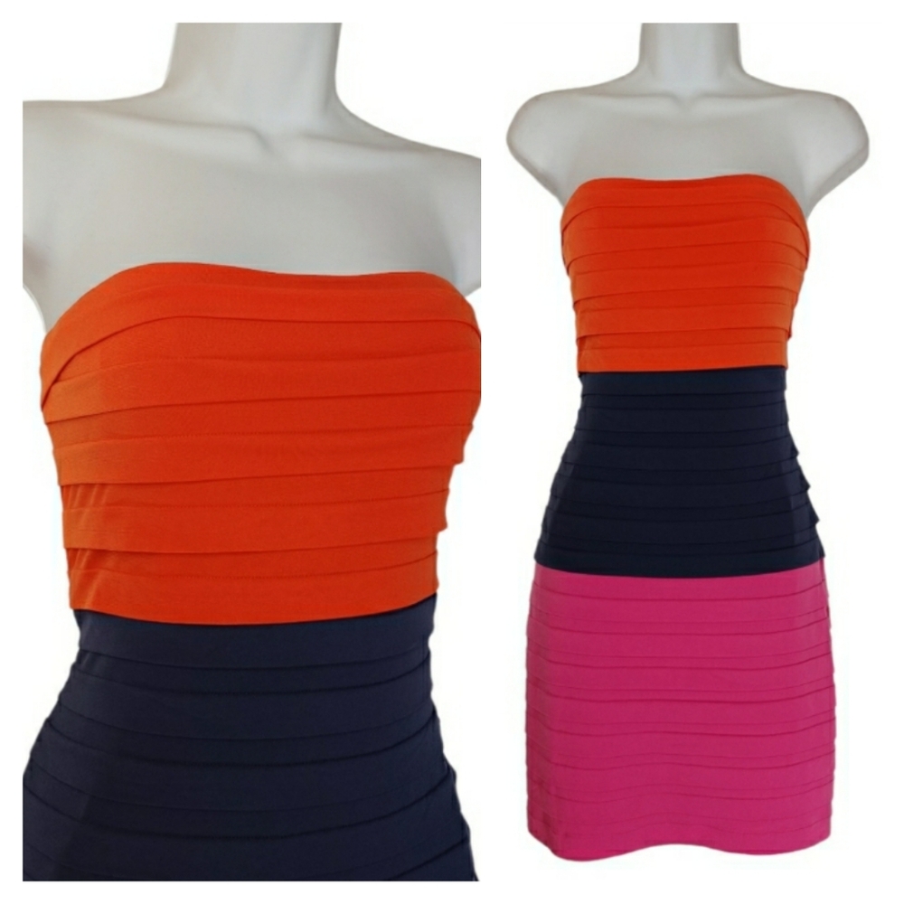 MAX & CLEO Max Azria Orange Blue Purple Stripe Colorblock Strapless Dress NWT